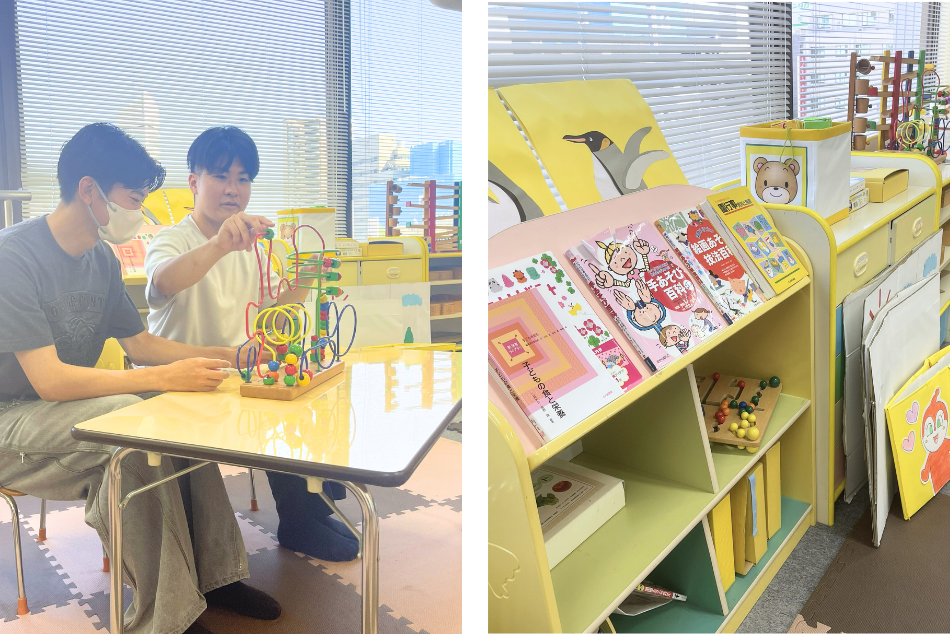 男性二人がおもちゃで実際に遊んでいる写真と子供の絵本がならんでいる写真